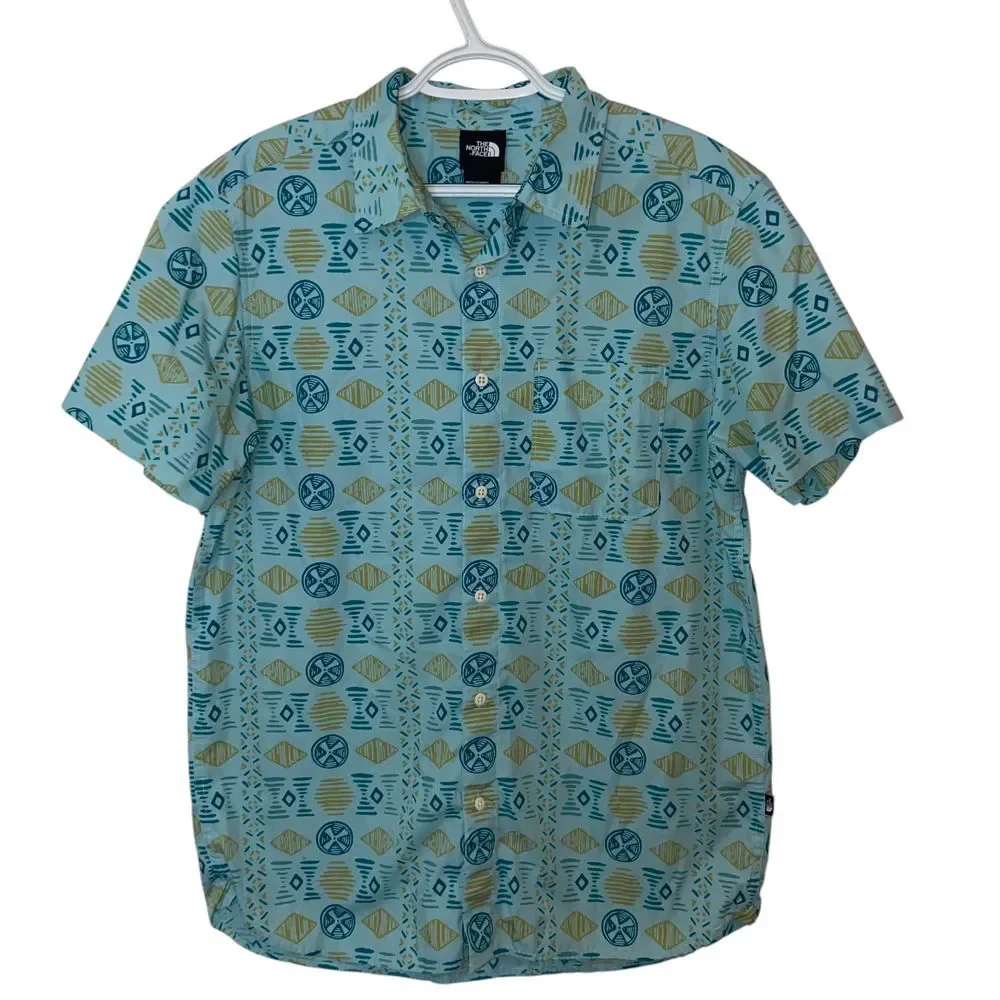 The North Face Geometric Print Button-Down Shirt Summer Casual Blue Size Large‎